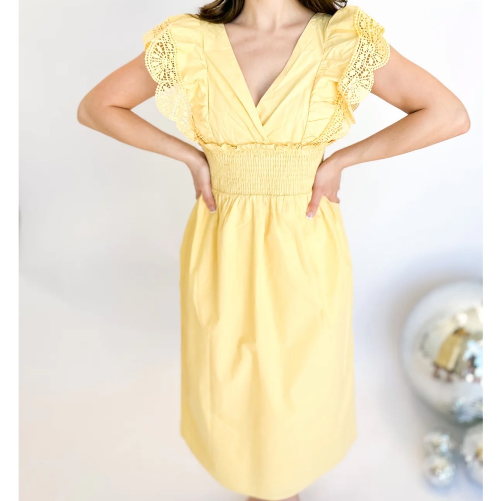 Lush Pastel Yellow Eyelet Midi Dress